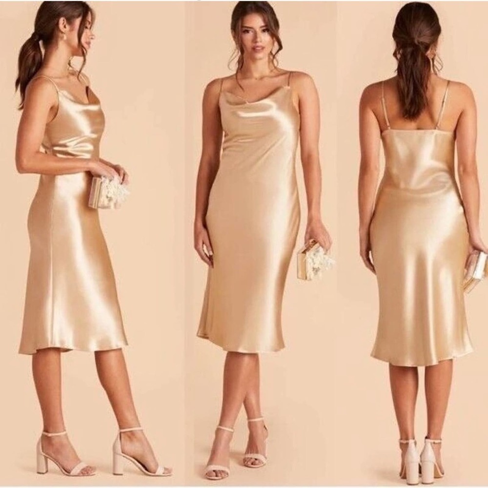 Birdy Grey Lisa Satin Shiny Gold Cowl Neck Midi Dress S NWT